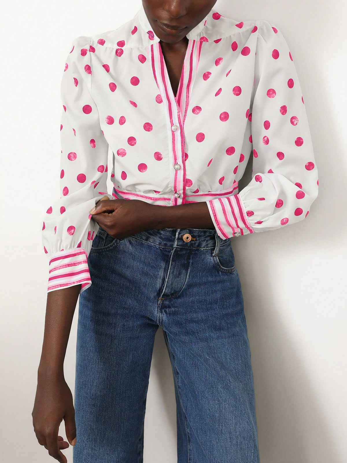 Women's V-Neck Patchwork Striped Short Fitted Blouse With Elegant French Romantic Blue And White Polka Dot Print