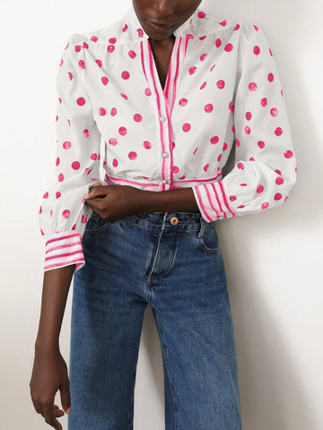 Women's V-Neck Patchwork Striped Short Fitted Blouse With Elegant French Romantic Blue And White Polka Dot Print