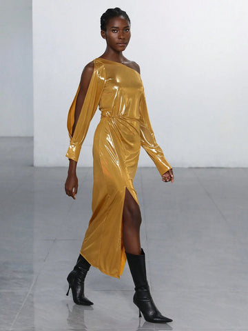 Aveloria Modichic Asymmetric Neckline Side Slit Hemline Metallic Design Valentine's Day Spring Dress