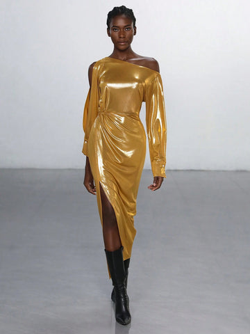 Aveloria Modichic Asymmetric Neckline Side Slit Hemline Metallic Design Valentine's Day Spring Dress