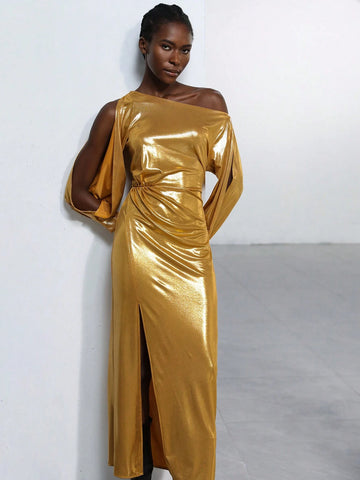 Aveloria Modichic Asymmetric Neckline Side Slit Hemline Metallic Design Valentine's Day Spring Dress