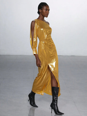 Aveloria Modichic Asymmetric Neckline Side Slit Hemline Metallic Design Valentine's Day Spring Dress