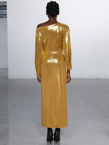 Aveloria Modichic Asymmetric Neckline Side Slit Hemline Metallic Design Valentine's Day Spring Dress