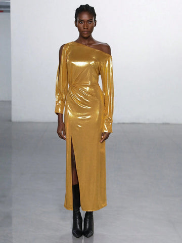 Aveloria Modichic Asymmetric Neckline Side Slit Hemline Metallic Design Valentine's Day Spring Dress