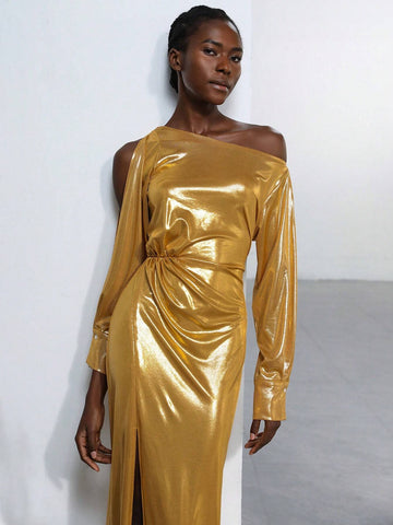 Aveloria Modichic Asymmetric Neckline Side Slit Hemline Metallic Design Valentine's Day Spring Dress