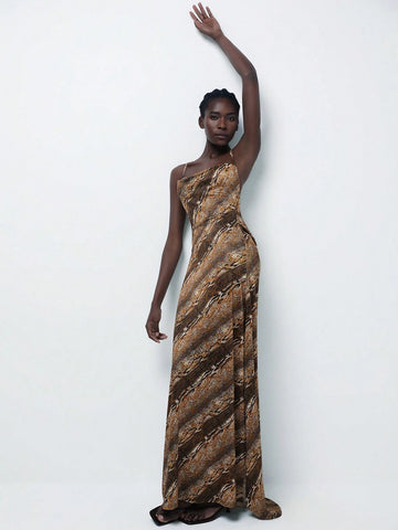 Aveloria Modichic Asymmetrical Random Gold Plated Leopard Print Premium Unique Design Backless High Slit Hem Sleeveless Strap Dress For Women