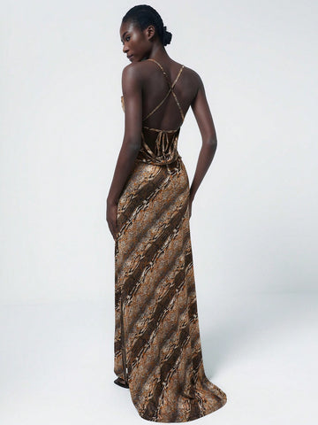 Aveloria Modichic Asymmetrical Random Gold Plated Leopard Print Premium Unique Design Backless High Slit Hem Sleeveless Strap Dress For Women