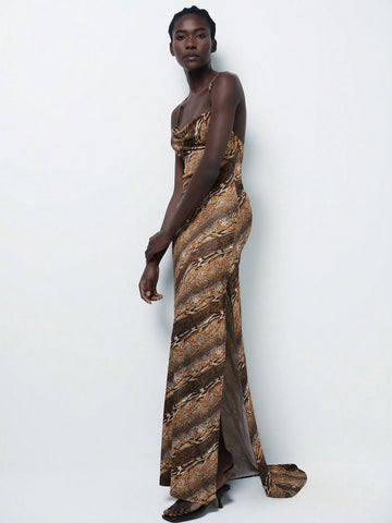 Aveloria Modichic Asymmetrical Random Gold Plated Leopard Print Premium Unique Design Backless High Slit Hem Sleeveless Strap Dress For Women