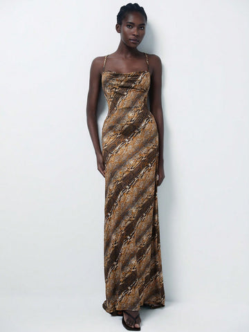 Aveloria Modichic Asymmetrical Random Gold Plated Leopard Print Premium Unique Design Backless High Slit Hem Sleeveless Strap Dress For Women