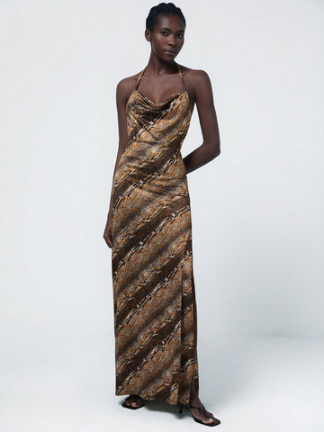 Aveloria Modichic Asymmetrical Random Gold Plated Leopard Print Premium Unique Design Backless High Slit Hem Sleeveless Strap Dress For Women