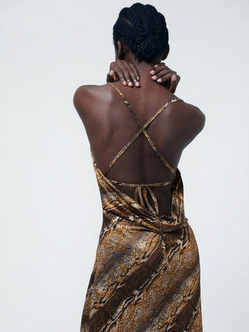 Aveloria Modichic Asymmetrical Random Gold Plated Leopard Print Premium Unique Design Backless High Slit Hem Sleeveless Strap Dress For Women