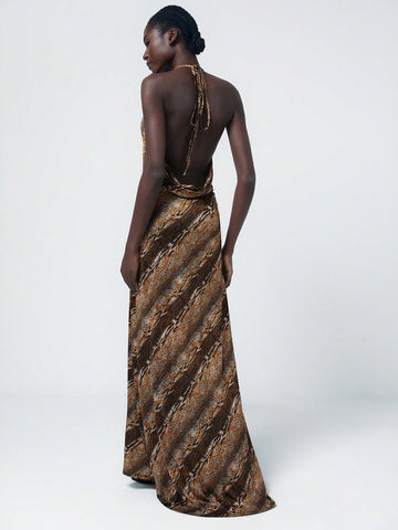 Aveloria Modichic Asymmetrical Random Gold Plated Leopard Print Premium Unique Design Backless High Slit Hem Sleeveless Strap Dress For Women