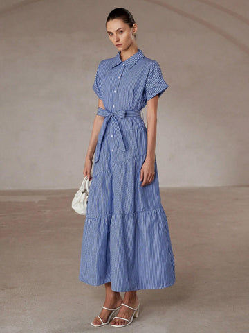 Aveloria Modichic Blue & White Striped Short Sleeve Collared Open Front Dress With Oversized Skirt, Simple Design, Cinched Waist Belt, Versatile