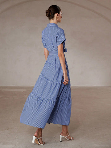 Aveloria Modichic Blue & White Striped Short Sleeve Collared Open Front Dress With Oversized Skirt, Simple Design, Cinched Waist Belt, Versatile