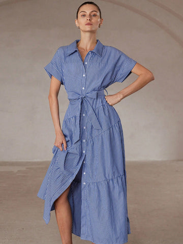 Aveloria Modichic Blue & White Striped Short Sleeve Collared Open Front Dress With Oversized Skirt, Simple Design, Cinched Waist Belt, Versatile