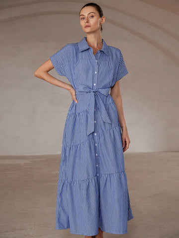 Aveloria Modichic Blue & White Striped Short Sleeve Collared Open Front Dress With Oversized Skirt, Simple Design, Cinched Waist Belt, Versatile