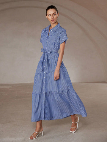 Aveloria Modichic Blue & White Striped Short Sleeve Collared Open Front Dress With Oversized Skirt, Simple Design, Cinched Waist Belt, Versatile