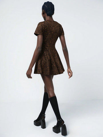 Aveloria Modichic Brown Leopard Faux Suede Off Shoulder Ruffle Hem Punk Style Short Dress For Women