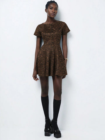 Aveloria Modichic Brown Leopard Faux Suede Off Shoulder Ruffle Hem Punk Style Short Dress For Women