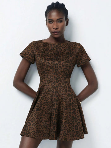 Aveloria Modichic Brown Leopard Faux Suede Off Shoulder Ruffle Hem Punk Style Short Dress For Women