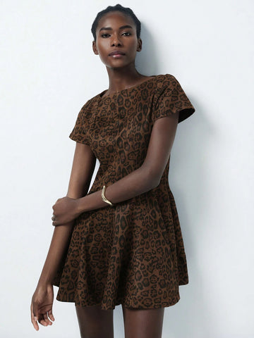 Aveloria Modichic Brown Leopard Faux Suede Off Shoulder Ruffle Hem Punk Style Short Dress For Women