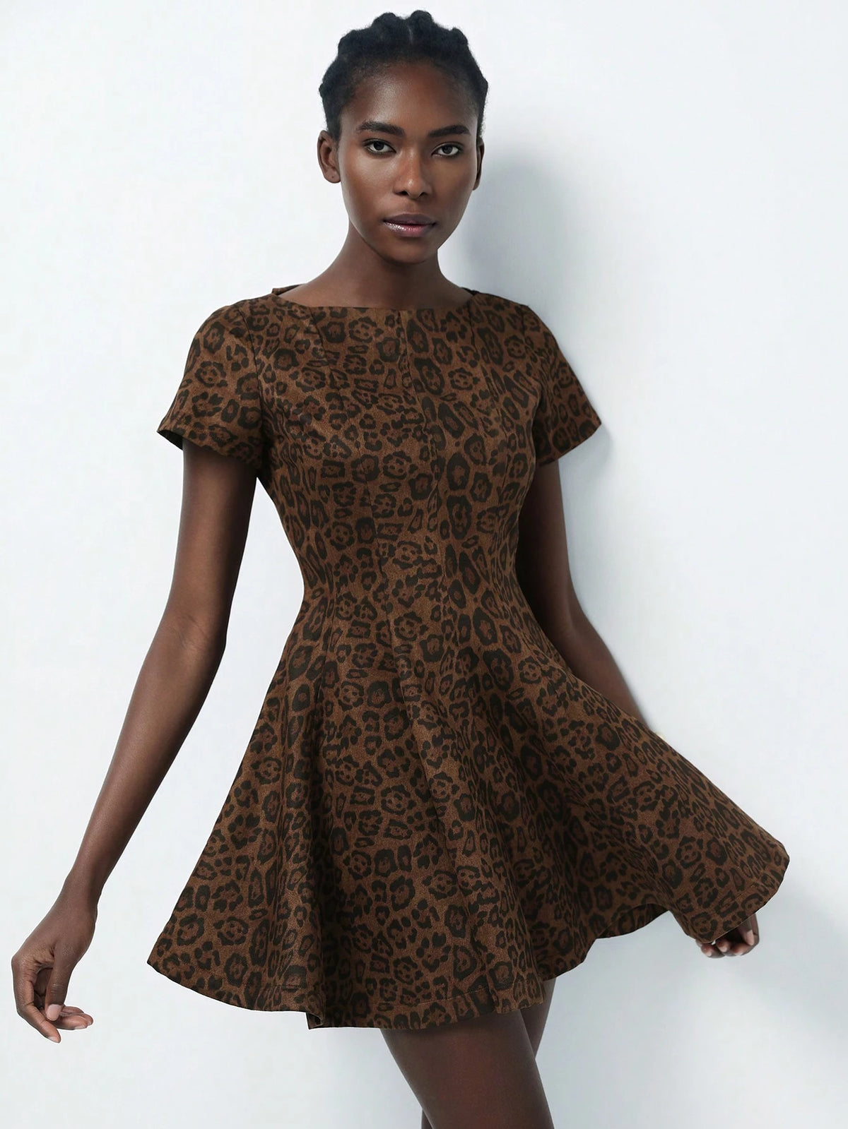 Aveloria Modichic Brown Leopard Faux Suede Off Shoulder Ruffle Hem Punk Style Short Dress For Women