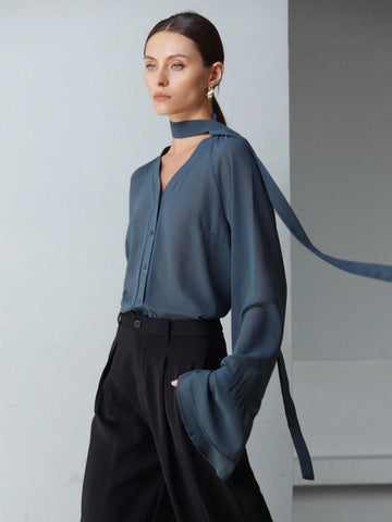 Modichic Chiffon Sheer Multilayer Ruffle Sleeve Stand Collar Long Sleeve Blouse With 3D Floral Decor And Tie Detail