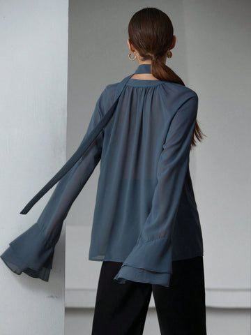 Modichic Chiffon Sheer Multilayer Ruffle Sleeve Stand Collar Long Sleeve Blouse With 3D Floral Decor And Tie Detail