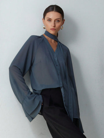 Modichic Chiffon Sheer Multilayer Ruffle Sleeve Stand Collar Long Sleeve Blouse With 3D Floral Decor And Tie Detail