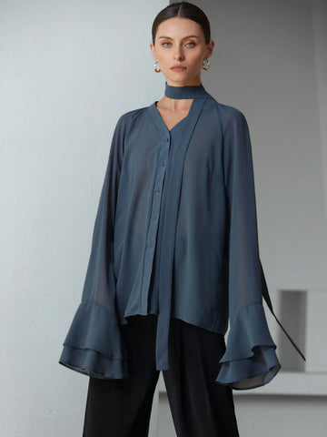 Modichic Chiffon Sheer Multilayer Ruffle Sleeve Stand Collar Long Sleeve Blouse With 3D Floral Decor And Tie Detail