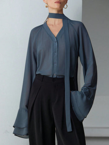 Modichic Chiffon Sheer Multilayer Ruffle Sleeve Stand Collar Long Sleeve Blouse With 3D Floral Decor And Tie Detail