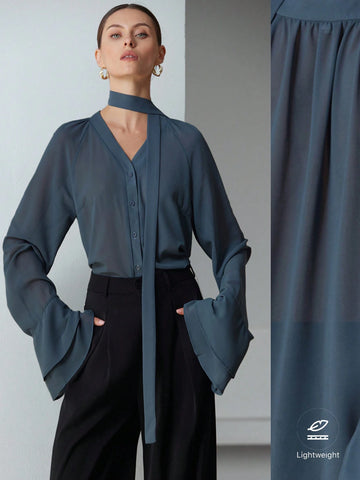 Modichic Chiffon Sheer Multilayer Ruffle Sleeve Stand Collar Long Sleeve Blouse With 3D Floral Decor And Tie Detail