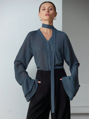 Modichic Chiffon Sheer Multilayer Ruffle Sleeve Stand Collar Long Sleeve Blouse With 3D Floral Decor And Tie Detail