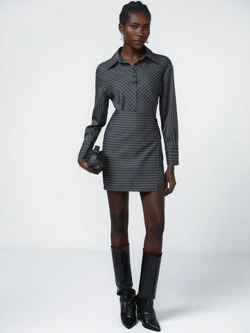 Aveloria Modichic Classic College Style V-Neck Button-Down Asymmetrical Hem Color Block Short Long Sleeve Dress For Women