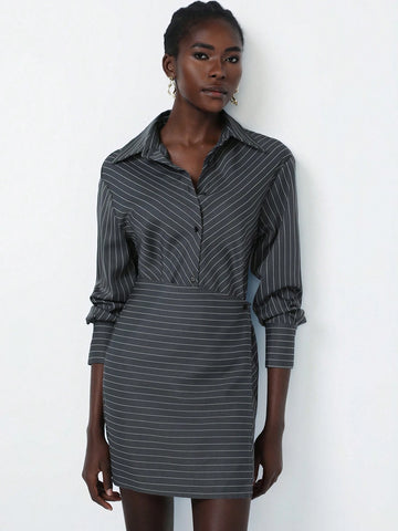 Aveloria Modichic Classic College Style V-Neck Button-Down Asymmetrical Hem Color Block Short Long Sleeve Dress For Women