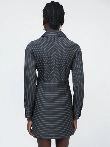 Aveloria Modichic Classic College Style V-Neck Button-Down Asymmetrical Hem Color Block Short Long Sleeve Dress For Women