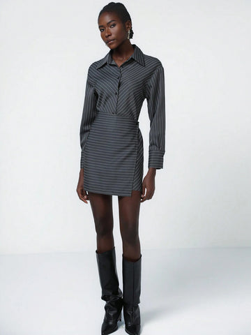 Aveloria Modichic Classic College Style V-Neck Button-Down Asymmetrical Hem Color Block Short Long Sleeve Dress For Women