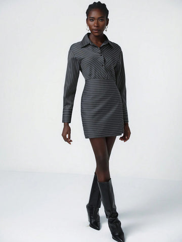 Aveloria Modichic Classic College Style V-Neck Button-Down Asymmetrical Hem Color Block Short Long Sleeve Dress For Women