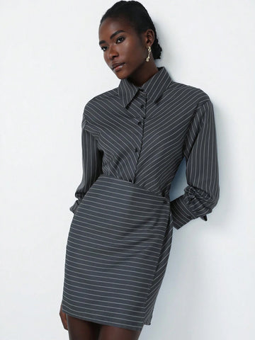 Aveloria Modichic Classic College Style V-Neck Button-Down Asymmetrical Hem Color Block Short Long Sleeve Dress For Women