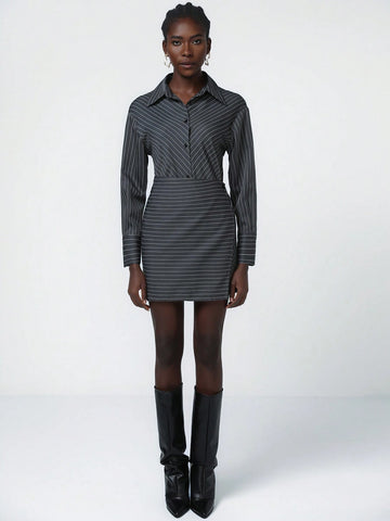 Aveloria Modichic Classic College Style V-Neck Button-Down Asymmetrical Hem Color Block Short Long Sleeve Dress For Women