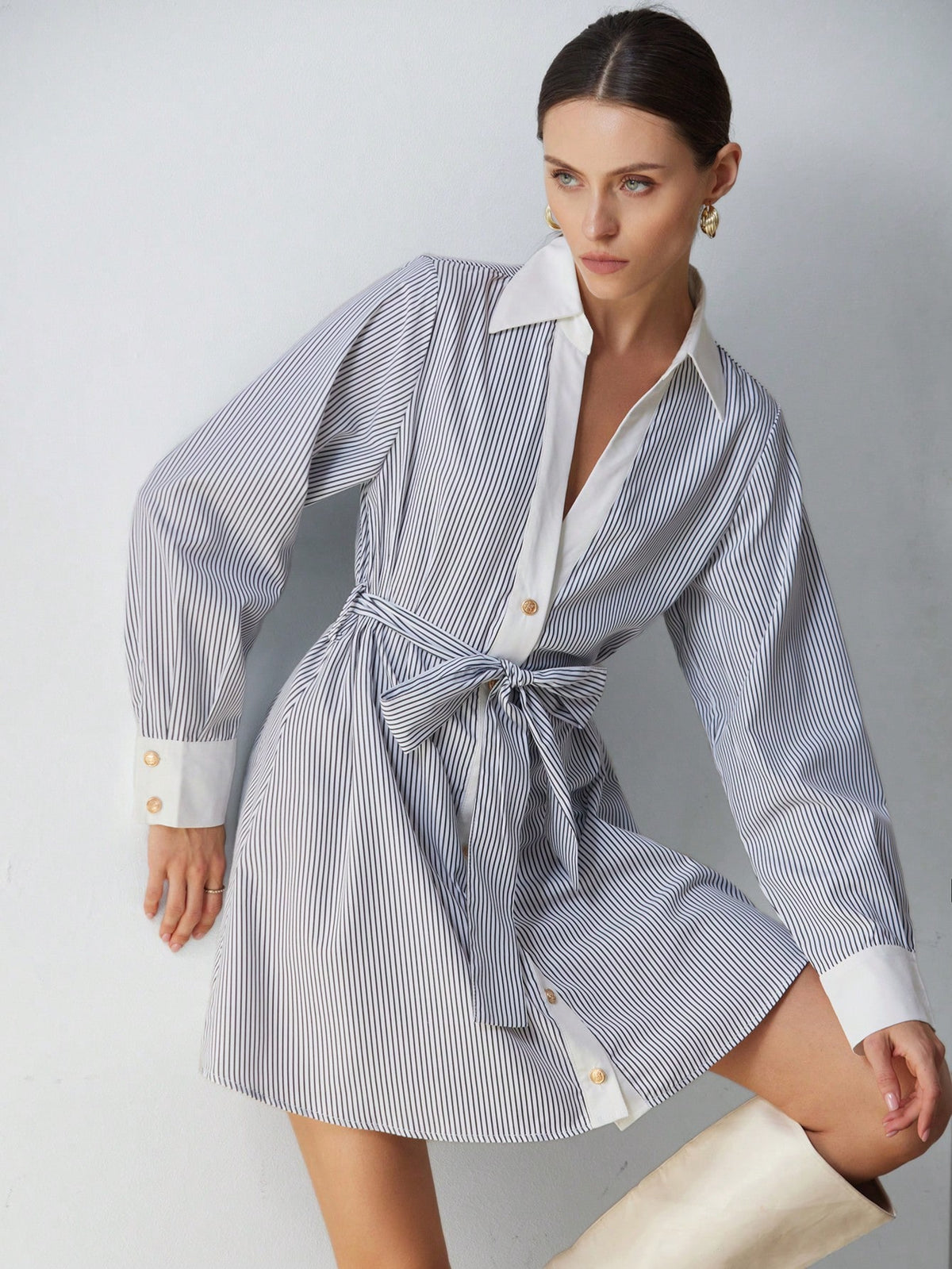 Aveloria Modichic Commute Casual Elegant Simple Versatile Striped Color-Block Drawstring Waist Shirt Collar Long Sleeve Mini Dress For Women, Spring Gift Idea