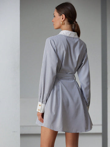 Aveloria Modichic Commute Casual Elegant Simple Versatile Striped Color-Block Drawstring Waist Shirt Collar Long Sleeve Mini Dress For Women, Spring Gift Idea