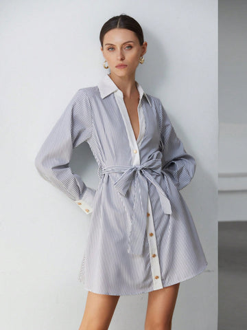 Aveloria Modichic Commute Casual Elegant Simple Versatile Striped Color-Block Drawstring Waist Shirt Collar Long Sleeve Mini Dress For Women, Spring Gift Idea