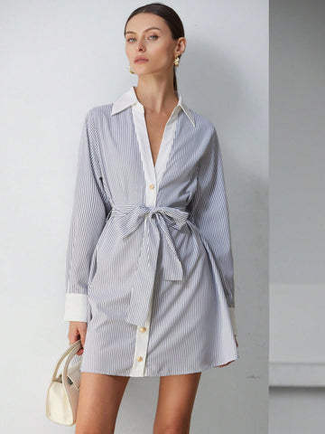Aveloria Modichic Commute Casual Elegant Simple Versatile Striped Color-Block Drawstring Waist Shirt Collar Long Sleeve Mini Dress For Women, Spring Gift Idea