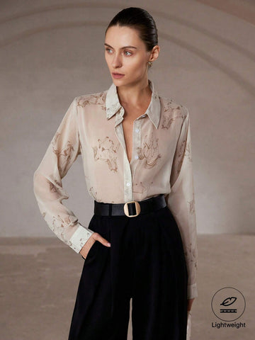 Modichic Elegant And Fashionable Versatile Chiffon Fabric Horse Print Button-Up Long Sleeve Blouse For Women