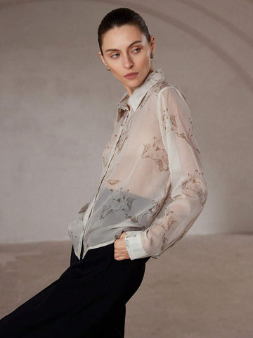 Modichic Elegant And Fashionable Versatile Chiffon Fabric Horse Print Button-Up Long Sleeve Blouse For Women