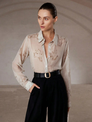 Modichic Elegant And Fashionable Versatile Chiffon Fabric Horse Print Button-Up Long Sleeve Blouse For Women