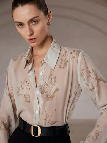 Modichic Elegant And Fashionable Versatile Chiffon Fabric Horse Print Button-Up Long Sleeve Blouse For Women