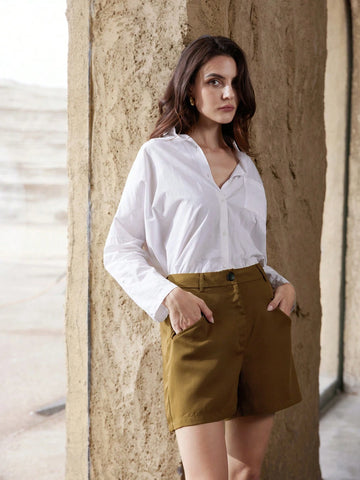 Aveloria Modichic Elegant Casual Design One-Pocket Brown Shorts