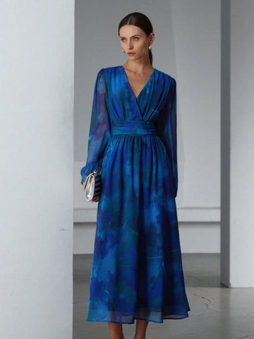 Aveloria Modichic Elegant Chiffon Ombre Floral Print V-Neck Overlap Waist Slim Design Long Dress, Suitable For Valentine's Day And Spring